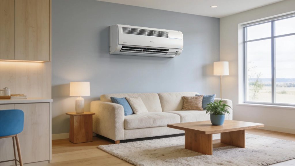 Comfortable living room with a ductless mini-split system showcasing modern heating and cooling solutions ideal for Yakima residents